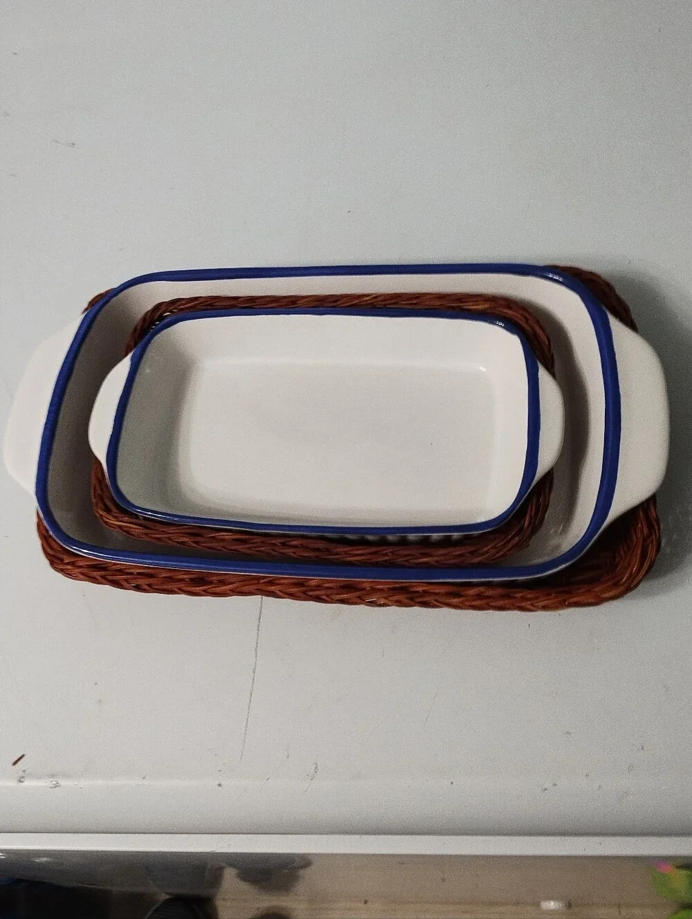 Ceramic Rectangular Baking Dishes with Blue Rim - Set of 2